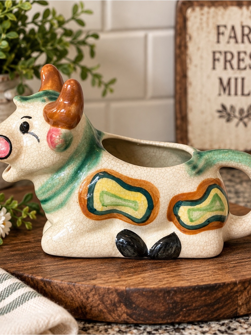 Vintage Ceramic Cow Planter in Cream, Green and Orange